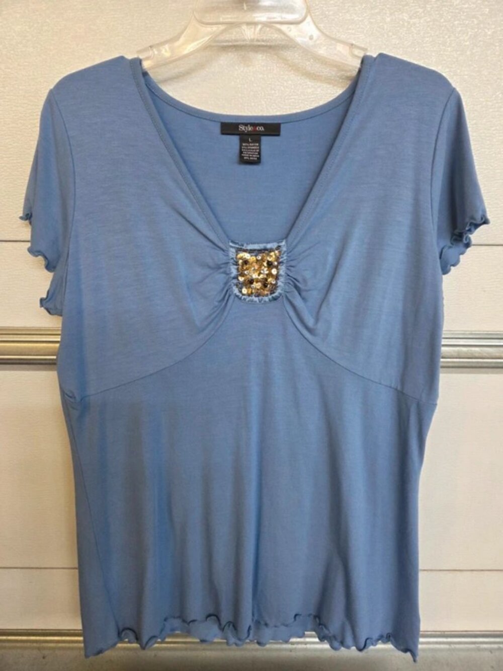 Womens Style & Co. Blue V-Neck Top Ruffle Bling Short Skeeve Top Size Large NWOT